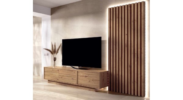 ▷ MUEBLE TV SUSPENDIDO Y PANEL en madera de roble